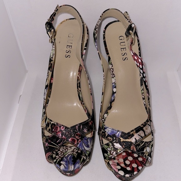 Guess Floral Animal Print Slingback Peep Toe Platform Heel Size 8.5M - EUC - Picture 2 of 11